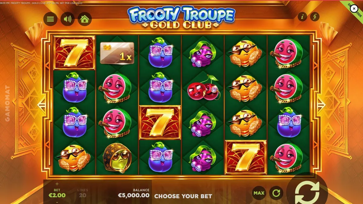 Frooty Troupe – Gold Club slot machine interface na may gintong tema