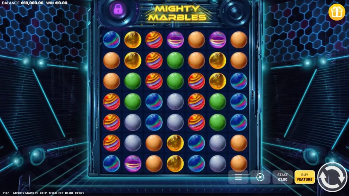 Mighty Marbles slot machine interface na may makukulay na marbles sa isang 7x7 grid.